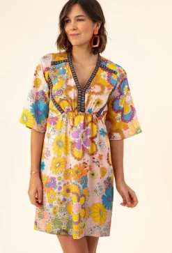 Femme Bleu Blanc Rouge Robe Iris jaune