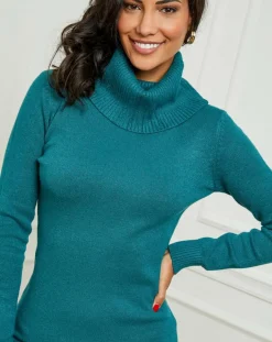 Femme Soft Cashmere Robe pull en Cachemire mélangé Stéphanie bleu canard