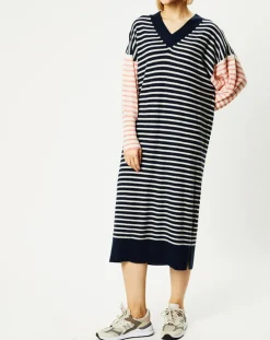 Femme Galeries Lafayette Robe pull marinière 100% Cachemire Fabia col V rayures marine/écru/rose