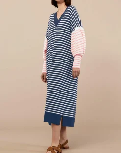 Femme Galeries Lafayette Robe pull marinière 100% Cachemire Fabia col V rayures marine/écru/rose