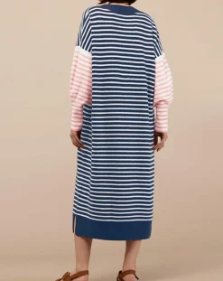 Femme Galeries Lafayette Robe pull marinière 100% Cachemire Fabia col V rayures marine/écru/rose