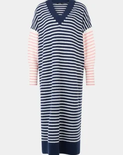 Femme Galeries Lafayette Robe pull marinière 100% Cachemire Fabia col V rayures marine/écru/rose