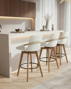 Uniqka Saly - Chaise de bar en tissu bouclette et pieds en bois