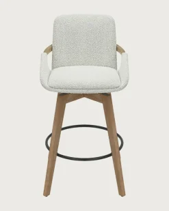 Uniqka Saly - Chaise de bar en tissu bouclette et pieds en bois