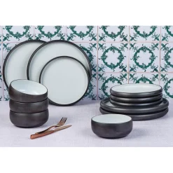 Bjorn Service Les Essentiels en Grès Gourmet blanc granité/noir onyx - 12 pièces