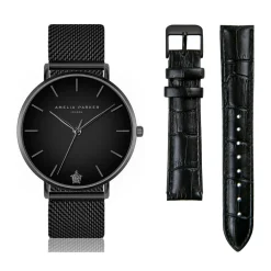 Femme Amelia Parker Set Montre Femme 2 Bracelets Jet Black en Acier & Cuir noir