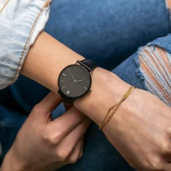 Femme Amelia Parker Set Montre Femme 2 Bracelets Jet Black en Acier & Cuir noir