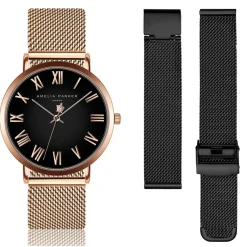 Discount Amelia Parker Set Montre Femme 2 Bracelets Grand en Acier rose doré/noir