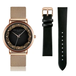 New Amelia Parker Set Montre Femme 2 Bracelets Coral en Acier & Cuir rose doré/noir