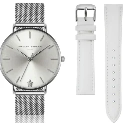 Amelia Parker Set Montre Femme 2 Bracelets Capsule en Acier & Cuir argenté/blanc