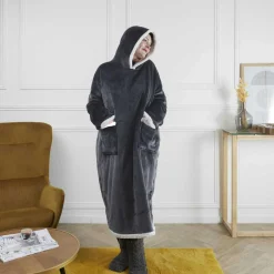 Femme Home Deco Factory Sweat Plaid Long Sherpa gris - 170x83x2 cm