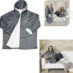 Sale Home Deco Factory Sweat plaid zippé à capuche intérieur Sherpa gris