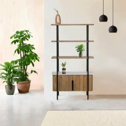 Best Bois & Chiffons Étagère 2 portes plateau marbre blanc Manguier Kfir II Naturel - 95x40x170 cm