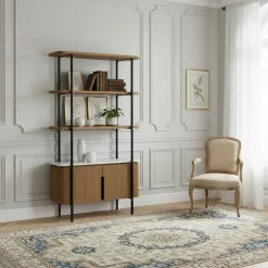 Best Bois & Chiffons Étagère 2 portes plateau marbre blanc Manguier Kfir II Naturel - 95x40x170 cm