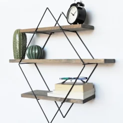 Wooden Art Étagère 3 étages losange noyer/noir - 62x42x15 cm