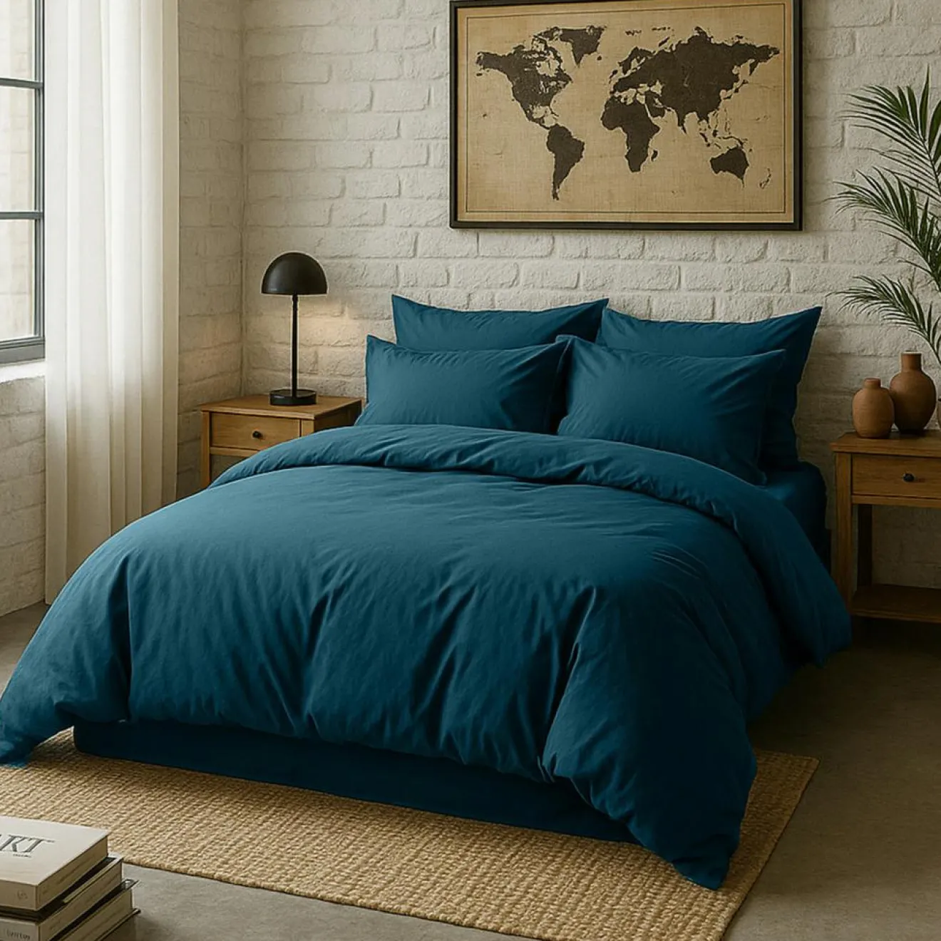 Baton Rouge Taie d'oreiller avec volant en percale de coton lavé bleu imperial