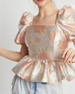 Manoush Top Brocard imprimé rose pâle/doré