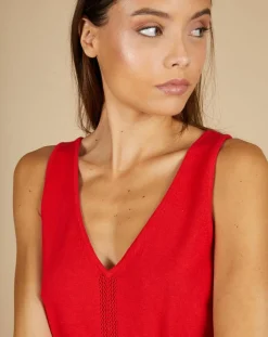 Femme Cashmere Tribu Top en Coton & Cachemire Juliette fines bretelles groseille