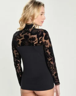Sale Mare Top en micromodal dentelle manches longues noir