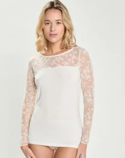 Femme Mare Top en micromodal dentelle manches longues naturel
