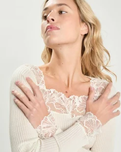 Best Mare Top en micromodal manches longues haut dentelle blanc