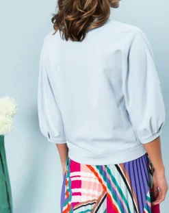 Femme Caroll Top fluide unie Lina avec surpiqûres bleu ciel