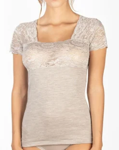 Femme Mare Top manches courtes en Laine mélangée dentelle beige