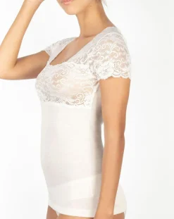 Hot Mare Top manches courtes en Laine mélangée dentelle ivoire