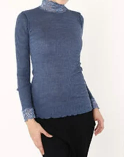 Outlet Mare Top manches longues col rond dentelle Laine plissée bleu marine
