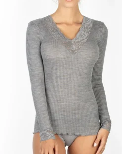 Femme Mare Top manches longues Col V dentelle laine plissée argenté
