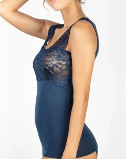 Femme Mare Top sans manches en Laine mélangée bretelles larges dentelle bleu marine