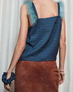 Discount Maison Père Top vichy détails plumes bleu marine