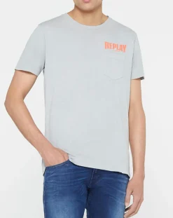 Online Replay T-Shirt 100% Coton Bio pocket logo up gris clair