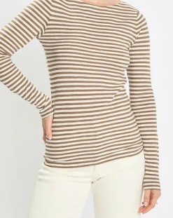 New Marc O'Polo T-Shirt Col Bateau Coton bio flammé rayé marron/écru