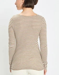 New Marc O'Polo T-Shirt Col Bateau Coton bio flammé rayé marron/écru