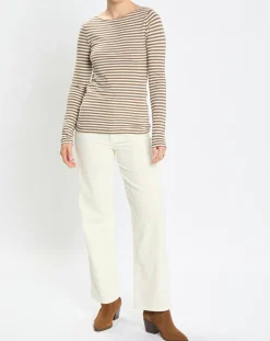 New Marc O'Polo T-Shirt Col Bateau Coton bio flammé rayé marron/écru