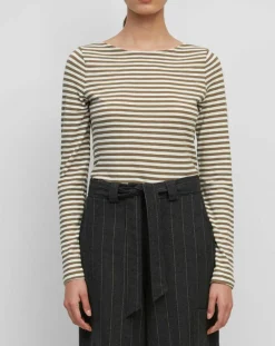 New Marc O'Polo T-Shirt Col Bateau Coton bio flammé rayé marron/écru