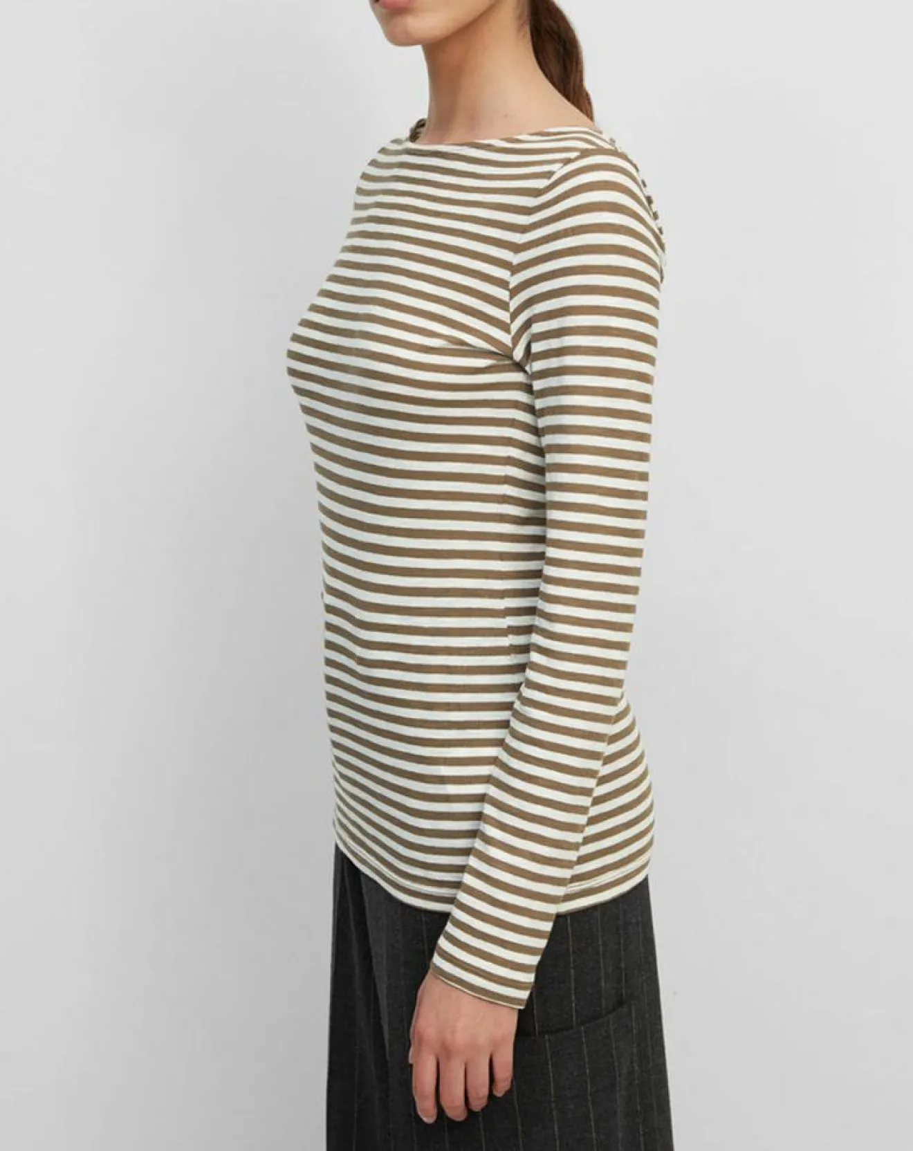 New Marc O'Polo T-Shirt Col Bateau Coton bio flammé rayé marron/écru