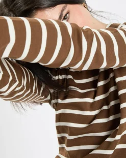 Femme Marc O'Polo T-Shirt en Coton mélangé Turtle rayé écru/marron