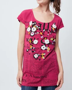 Femme John Galliano T-Shirt imprimé Gazette avec broderie et perle rose foncé/multicolore