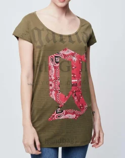 Femme John Galliano T-Shirt imprimé kaki foncé/rouge