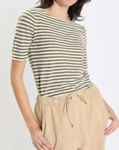 Femme Marc O'Polo T-Shirt manches courtes Rayé Flame blanc/kaki