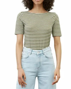 Femme Marc O'Polo T-Shirt manches courtes Rayé Flame blanc/kaki