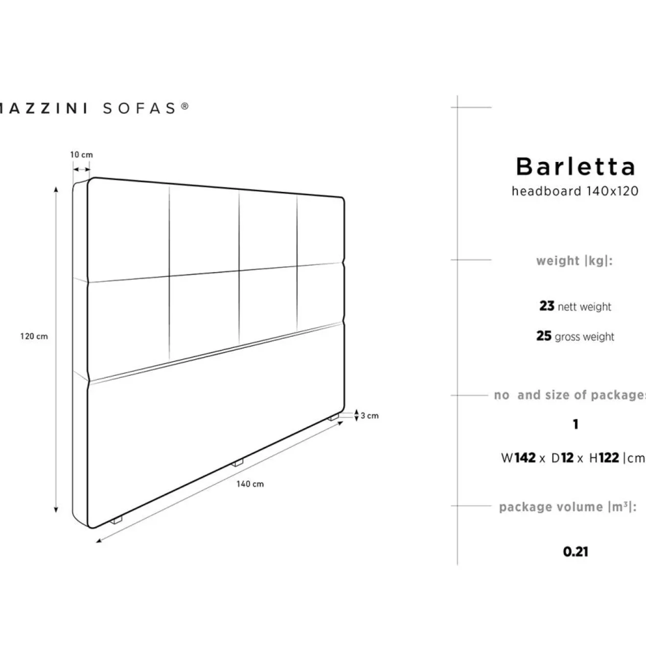 Mazzini Sofas Tête de lit Barletta gris foncé - 200x120 cm
