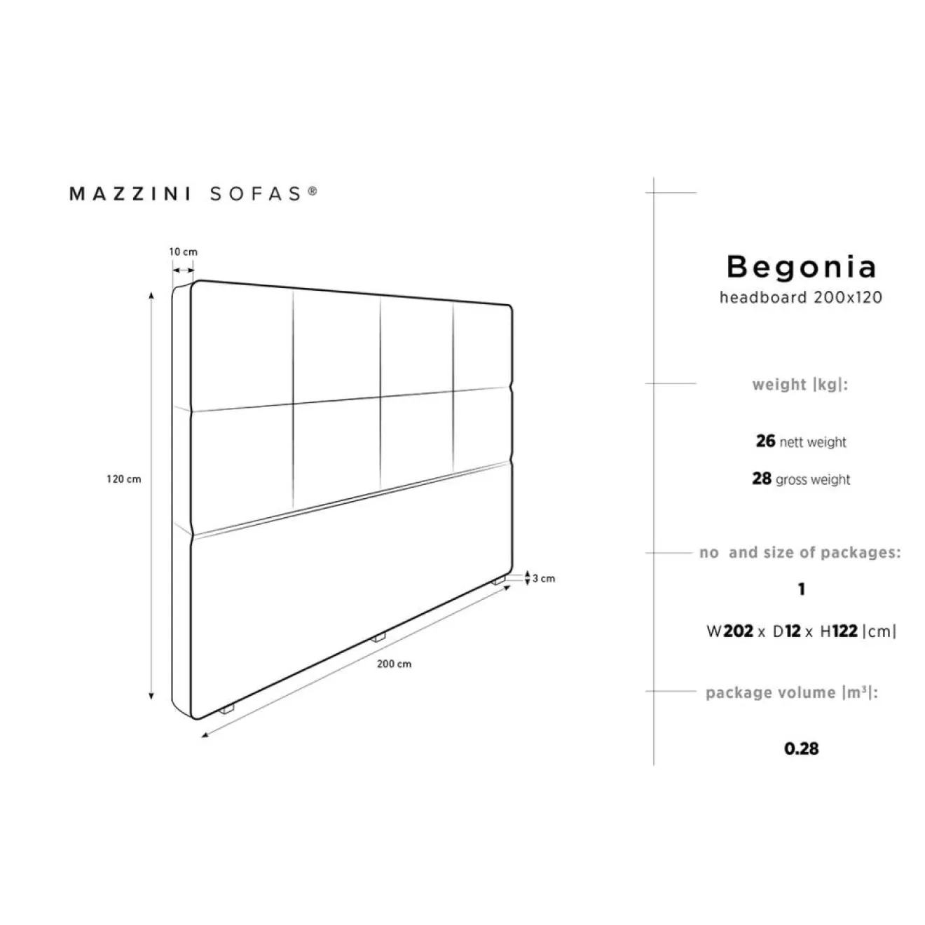 Mazzini Sofas Tête de lit en Velours Begonia beige - 200 cm