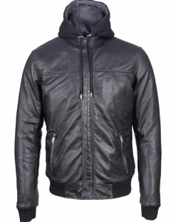 Homme Blue Wellford Veste à capuche en Cuir Briac noire