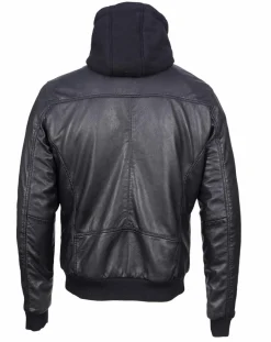 Homme Blue Wellford Veste à capuche en Cuir Briac noire