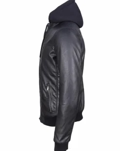 Homme Blue Wellford Veste à capuche en Cuir Briac noire