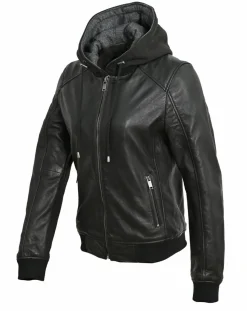 Femme Blue Wellford Veste à capuche en Cuir Noa noire