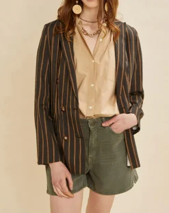 Femme Chloé Stora Veste blazer en Lin mélangé Valeria rayée kaki